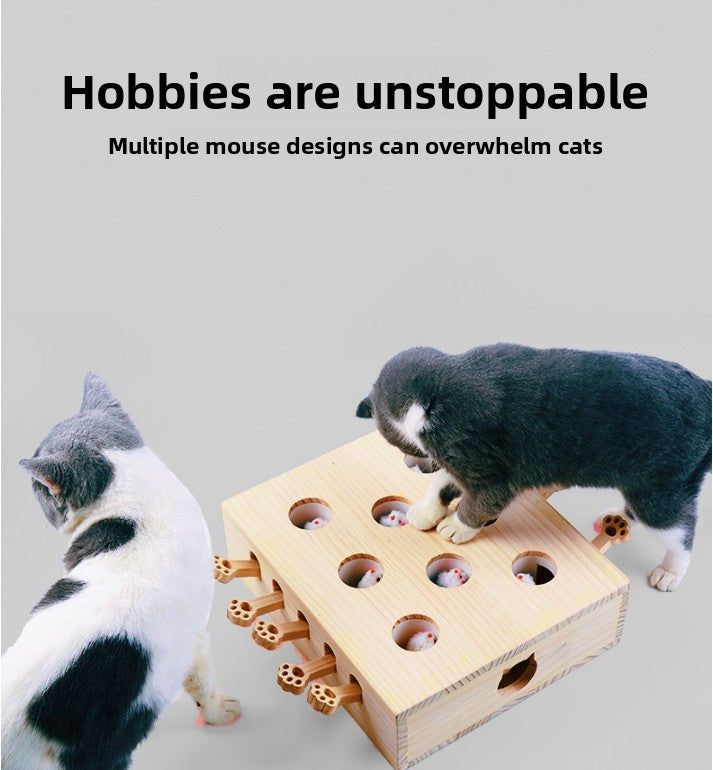 Interactive Wooden Cat Toy Whack-A-Mole Box - Solid Pine Cloud Puzzle with Pop-Up Cartoon Figures - Mental Enrichment & Bonding Game for Indoor Cats - view 2