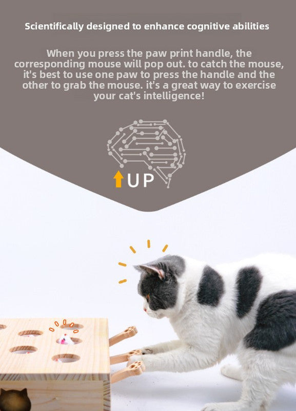 Interactive Wooden Cat Toy Whack-A-Mole Box - Solid Pine Cloud Puzzle with Pop-Up Cartoon Figures - Mental Enrichment & Bonding Game for Indoor Cats - view 3