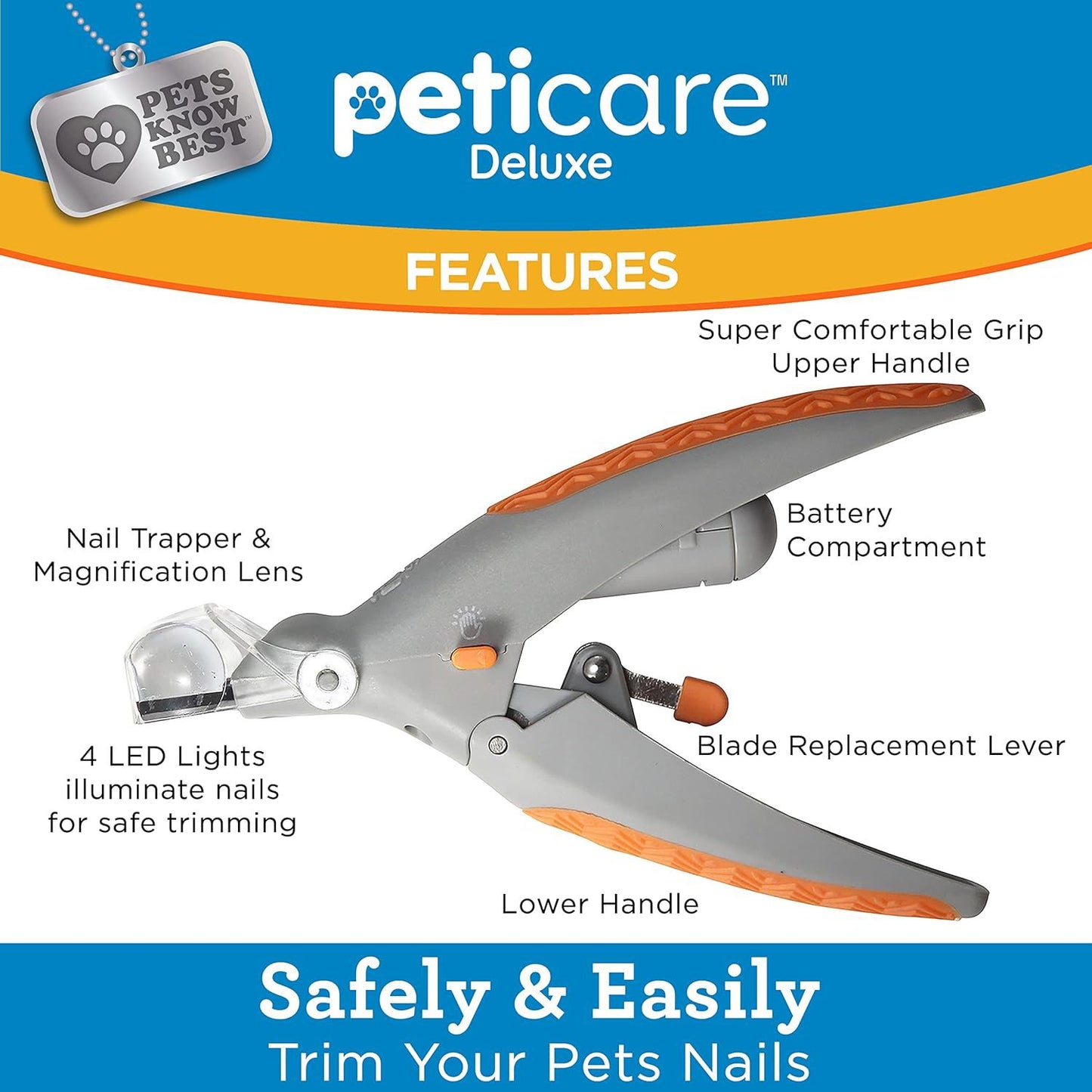 Illuminated Pet Nail Clippers with LED Light & Magnifier - Safety Claw Trimmer for Dogs & Cats - Lightweight Plastic Handle - Grey/Orange in Retail Box - view 3