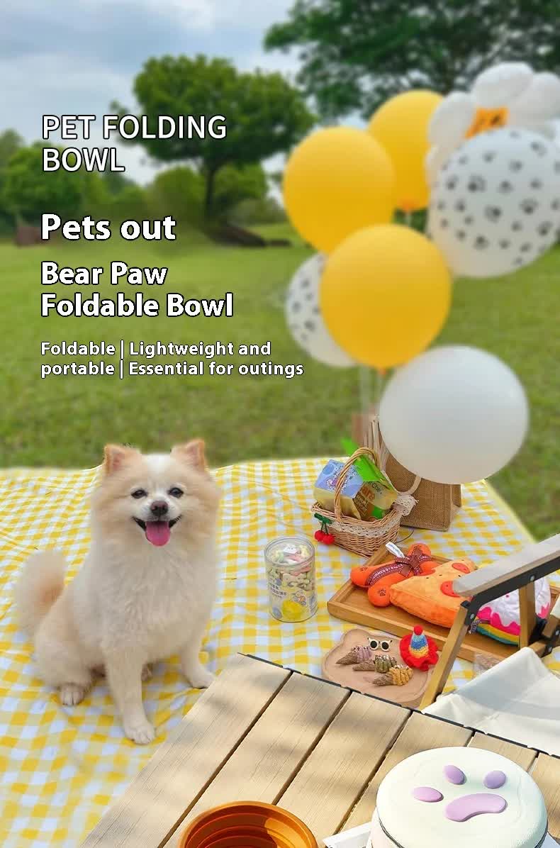Portable Silicone Double Pet Bowl - Collapsible Travel Dog Feeder for Food & Water - 2 x 450ml Capacity with Zipper Case - Brown & Yellow - view 4