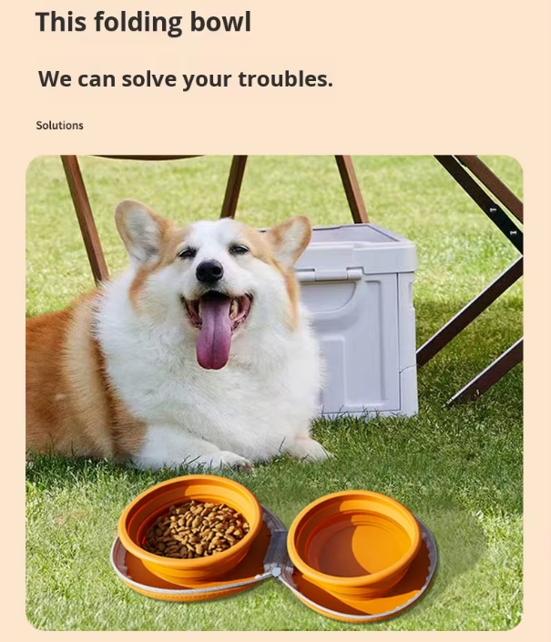 Portable Silicone Double Pet Bowl - Collapsible Travel Dog Feeder for Food & Water - 2 x 450ml Capacity with Zipper Case - Brown & Yellow - view 6