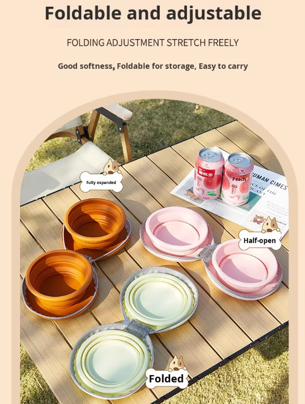 Portable Silicone Double Pet Bowl - Collapsible Travel Dog Feeder for Food & Water - 2 x 450ml Capacity with Zipper Case - Brown & Yellow - view 7