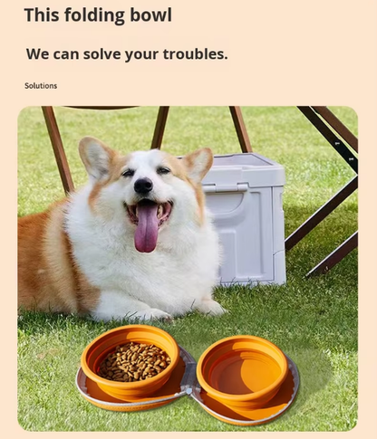 Portable Silicone Double Pet Bowl - Collapsible Travel Dog Feeder for Food & Water - 2 x 450ml Capacity with Zipper Case - Brown & Pink - view 6