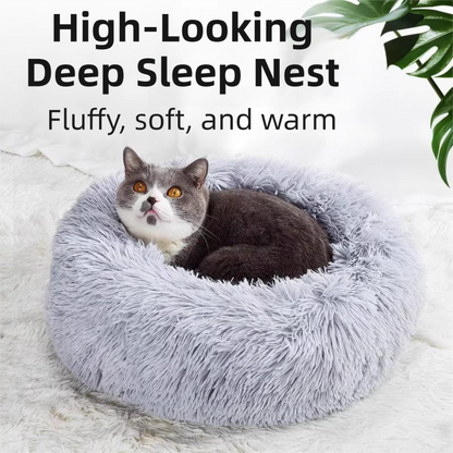 Grey Cozy Donut Long Plush Cat & Dog Calming Bed(Diameter 50cm) - Double-Layer PP Cotton Filling Warming Pet Bed with Anti-Slip Base & Free Blanket - view 2