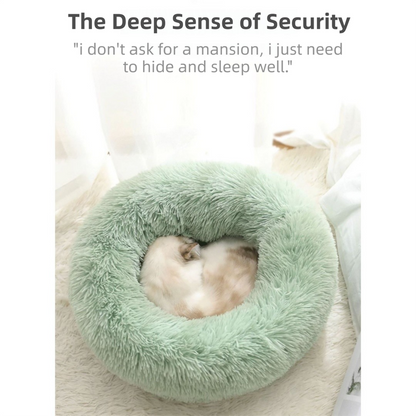Grey Cozy Donut Long Plush Cat & Dog Calming Bed(Diameter 50cm) - Double-Layer PP Cotton Filling Warming Pet Bed with Anti-Slip Base & Free Blanket - view 3