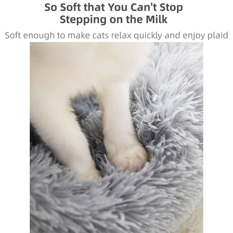 Grey Cozy Donut Long Plush Cat & Dog Calming Bed(Diameter 50cm) - Double-Layer PP Cotton Filling Warming Pet Bed with Anti-Slip Base & Free Blanket - view 4