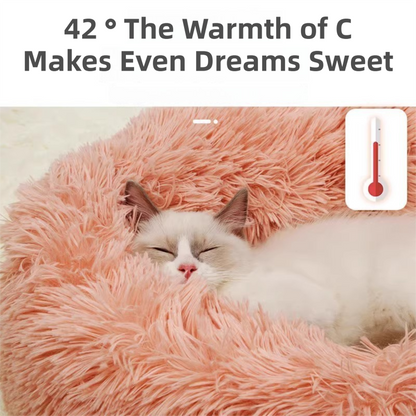 Pink Cozy Donut Long Plush Cat & Dog Calming Bed(Diameter 50cm) - Double-Layer PP Cotton Filling Warming Pet Bed with Anti-Slip Base & Free Blanket - view 5