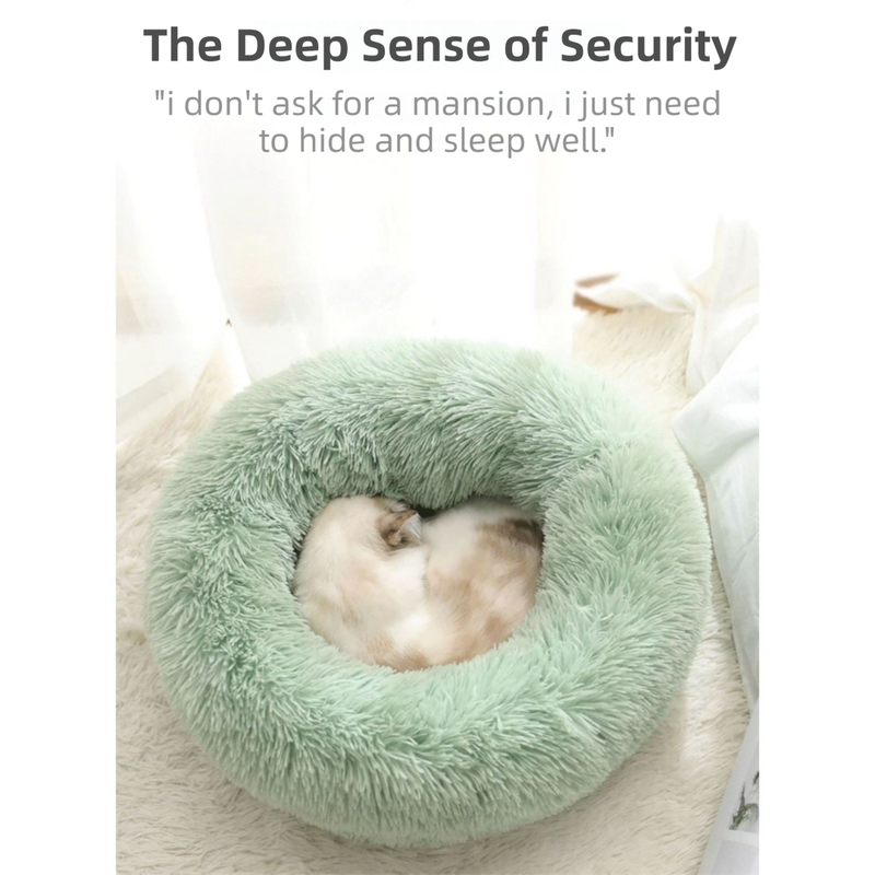 Green Cozy Donut Long Plush Cat & Dog Calming Bed(Diameter 50cm) - Double-Layer PP Cotton Filling Warming Pet Bed with Anti-Slip Base & Free Blanket - view 3