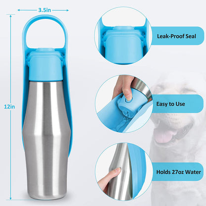Grey 27oz Food-Grade 304 Stainless Steel Pet Water Bottle - Portable Dog and Cat Travel Cup, Outdoor Feeder for Walks and Hikes - view 2