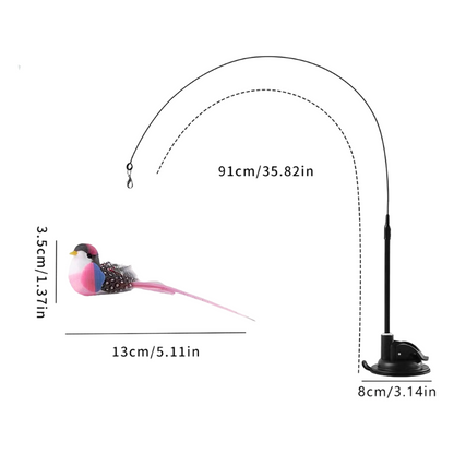 Interactive Self-Play Cat Wand with Suction Base - Automatic Bouncing Teaser Including Bell & 3 Bird Attachments(Pink)