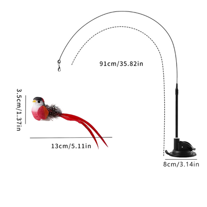Interactive Self-Play Cat Wand with Suction Base - Automatic Bouncing Teaser Including Bell & 3 Bird Attachments(Red)