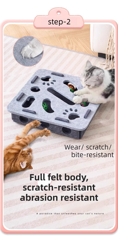 Green-Brown Felt Puzzle Square Shape Box Cat Toy with 2 Metal Bell Balls - Scratch-Resistant & Interactive Hide-and-Seek Toy, Brain Stimulating Fun - view 3
