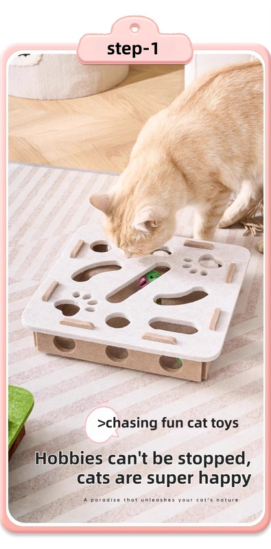 Grey Felt Puzzle Flower Shape Box Cat Toy with 2 Metal Bell Balls - Scratch-Resistant & Interactive Hide-and-Seek Toy, Brain Stimulating Fun - view 2