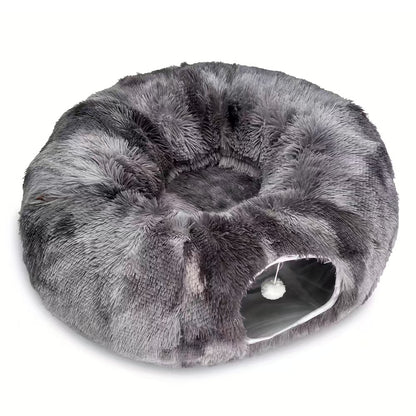 2-in-1 Dark Grey Tie-Dye Donut-Shaped Cat Tunnel Bed - Spacious 85cm Pet Play Tunnel & Lounger, Durable Fabric for Cats & Kittens