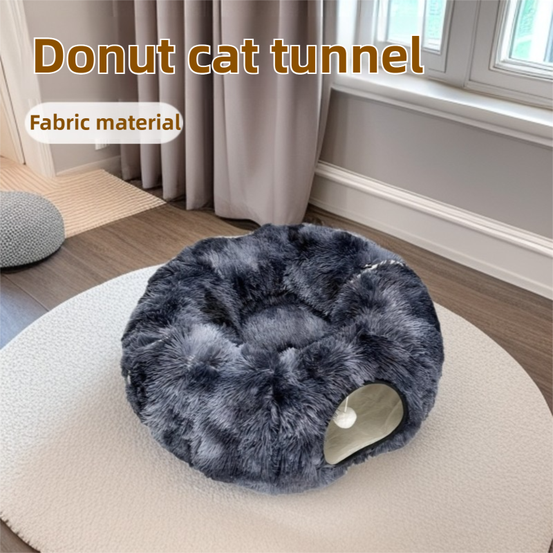 2-in-1 Dark Grey Tie-Dye Donut-Shaped Cat Tunnel Bed - Spacious 85cm Pet Play Tunnel & Lounger, Durable Fabric for Cats & Kittens - view 2