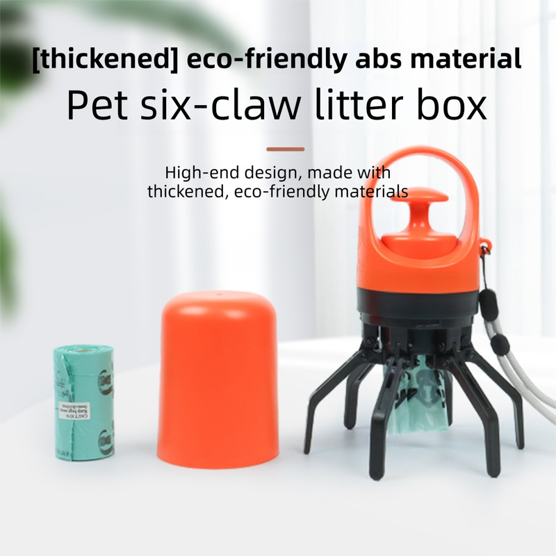 Orange Foldable 6-Claw Pet Pooper Scooper with Integrated Waste Bag Dispenser & 1 Roll of Bags - Durable One-Handed Operation for Outdoor Walking - view 2