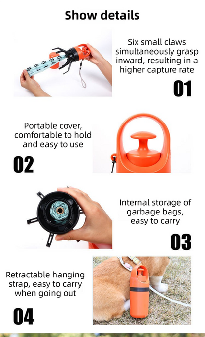Blue Foldable 6-Claw Pet Pooper Scooper with Integrated Waste Bag Dispenser & 1 Roll of Bags - Durable One-Handed Operation for Outdoor Walking - view 5