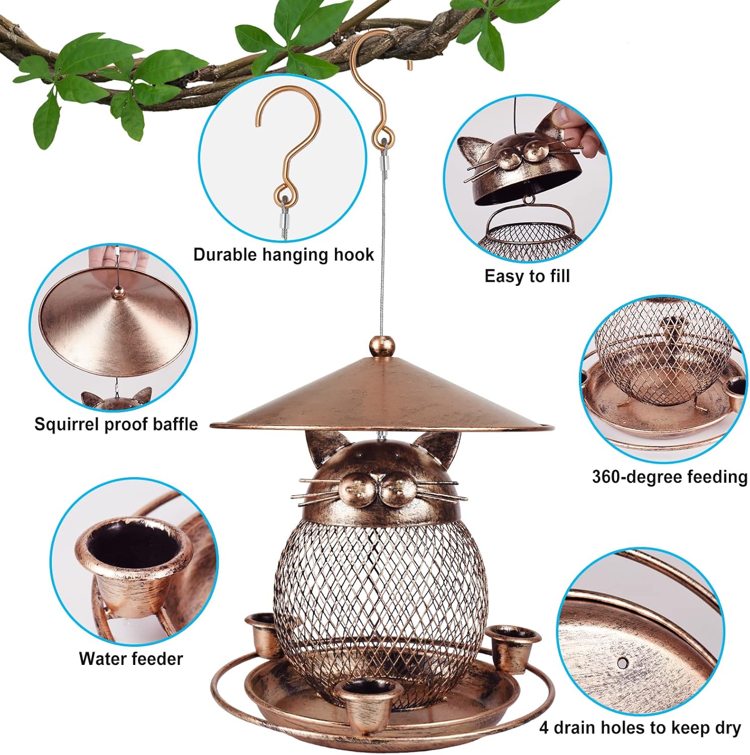 Fine mesh + 3 water cups Whimsical Cat Shaped Metal Bird Feeder Hanging Mesh Wild Bird Seed Holder for Garden Courtyard Decorative Feeding Solution for Local Wildlife Lovers - view 3