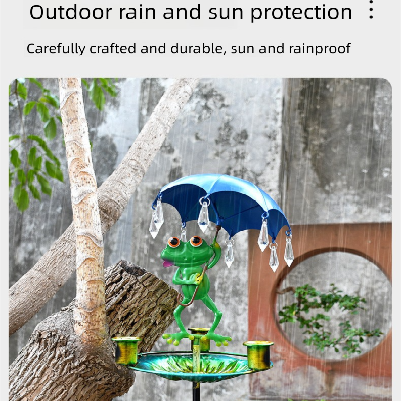 Decorative Metal Frog Bird Feeder Ground Stake with Umbrella and Feeding Tray for Local Gardens Weather-Resistant Outdoor Wildlife Support Solution - view 2
