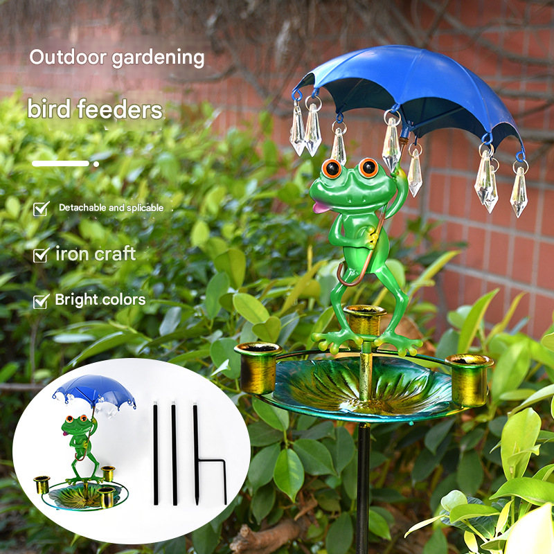 Decorative Metal Frog Bird Feeder Ground Stake with Umbrella and Feeding Tray for Local Gardens Weather-Resistant Outdoor Wildlife Support Solution - view 4