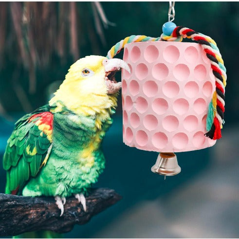 2-Pack White Hanging Bird Chew Toy with Bell and Rope, Ideal for Parrots, Squirrels, and Rodents – Durable Wood-Based Grinding Stone for Beak Exercise and Enrichment - view 3