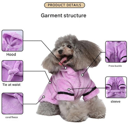 Purple Cozy Pet Bathrobe Sleepwear – Plush Fleece Dog Robe with Hood and Adjustable Waistband for Small to Medium Breeds(Size:XL) - view 3