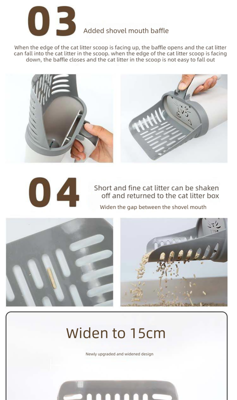 2-in-1 Cat Litter Scoop with Integrated Waste Bin & 4 Rolls Refill Bags Detachable Sifter Shovel Anti-Reflux Baffle Grey - view 4