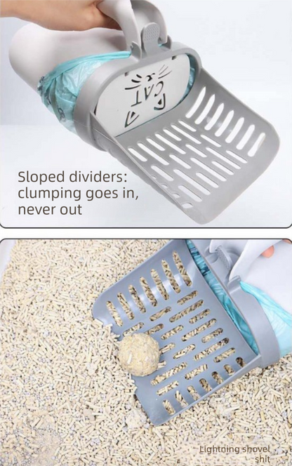 2-in-1 Cat Litter Scoop with Integrated Waste Bin & 8 Rolls Refill Bags Detachable Sifter Shovel Anti-Reflux Baffle Grey - view 5