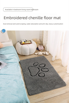 Grey Chenille Pet Mat Non-Slip Absorbent Dog & Cat Rug 40x60cm Cute Paw Print Design for Feeding Sleeping or Entryway - view 2