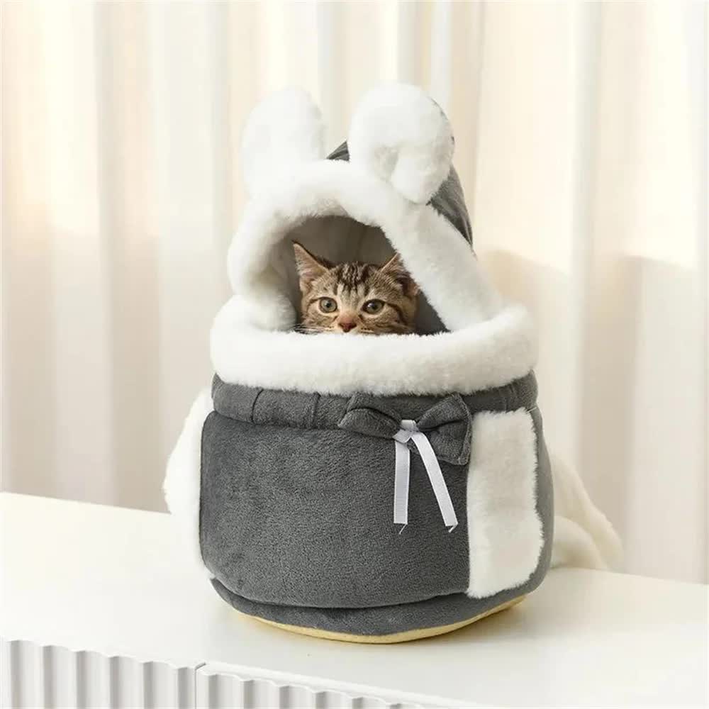 Grey 2-in-1 Ultra-Soft Plush Pet Carrier & Mobile Bed - Portable & Lightweight Cute Rabbit Ear Design Travel Cabin (M 25 x 25 x 20.5CM) - view 6
