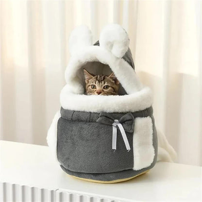 Grey 2-in-1 Ultra-Soft Plush Pet Carrier & Mobile Bed - Portable & Lightweight Cute Cat Ear Design Travel Cabin (XL 38 x 25 x 30CM) - view 6