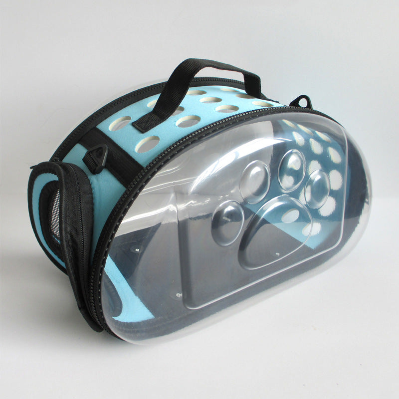 Blue Foldable Breathable Pet Carrier with Panoramic Window & Strap - EVA & Lychee Leather Crossbody Travel Bag (S 35 x 20 x 22CM)