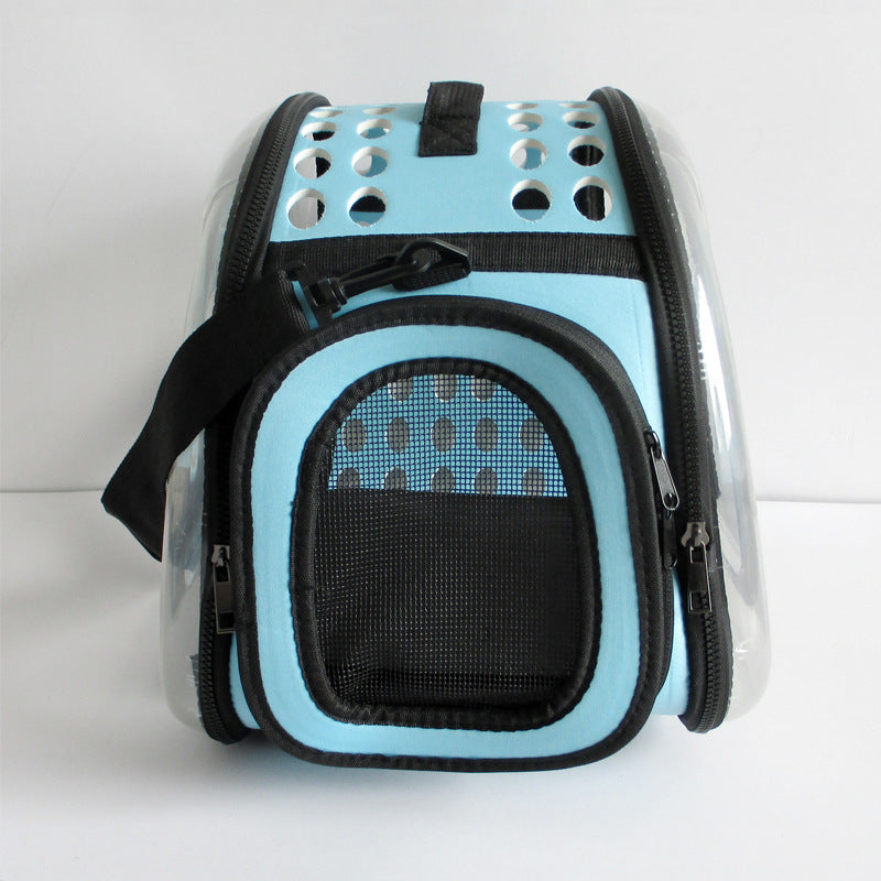 Blue Foldable Breathable Pet Carrier with Panoramic Window & Strap - EVA & Lychee Leather Crossbody Travel Bag (L 42 x 33 x 28.5CM)
