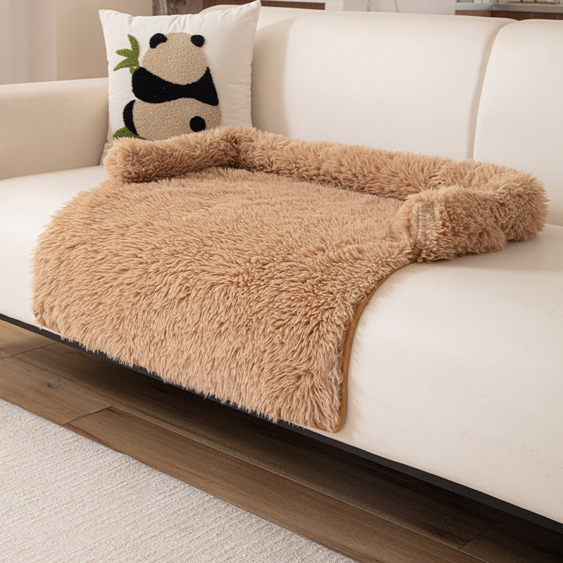 Brown Pet Sofa Protector & Calming Bolster Bed with Long Plush - 75x75CM Thickened Non Slip Furniture Cover for Cats & Dogs