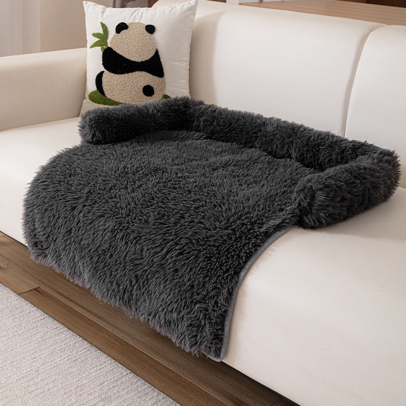 Black Pet Sofa Protector & Calming Bolster Bed with Long Plush - 75x75CM Thickened Non Slip Furniture Cover for Cats & Dogs