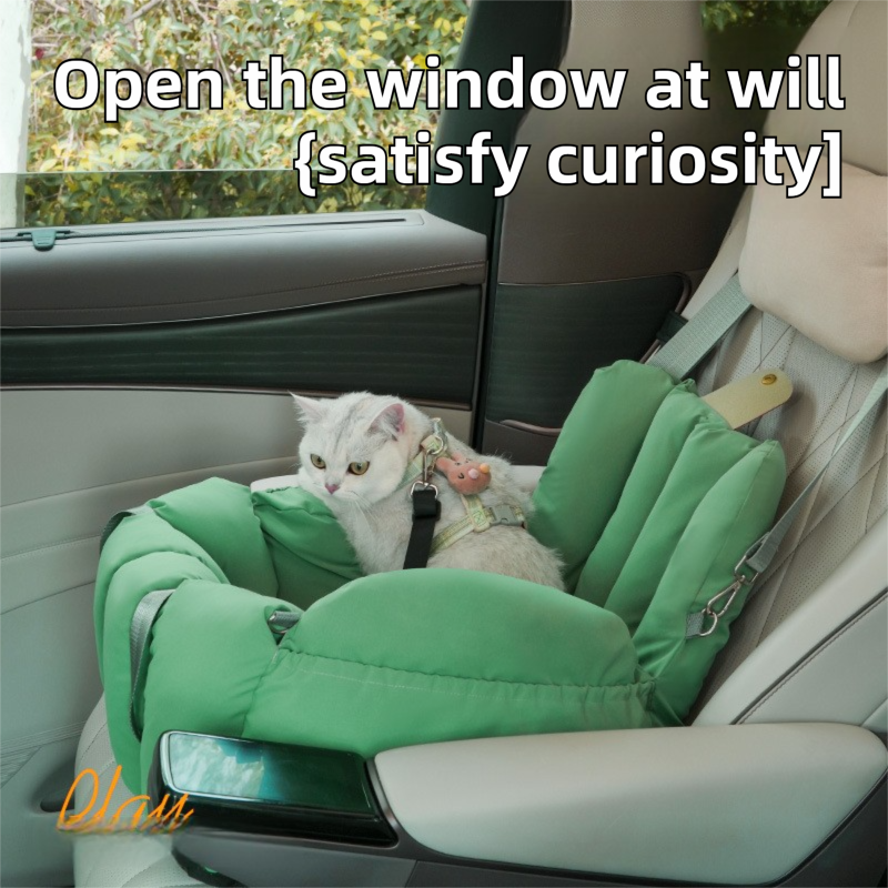 Green 2-in-1 Fluffy Travel Cat Bed & Car Safety Seat - Enclosed Windproof Pet Carrier with Reversible Summer/Winter Cushion, Reinforced Handle and Escape-Proof Leash - view 5