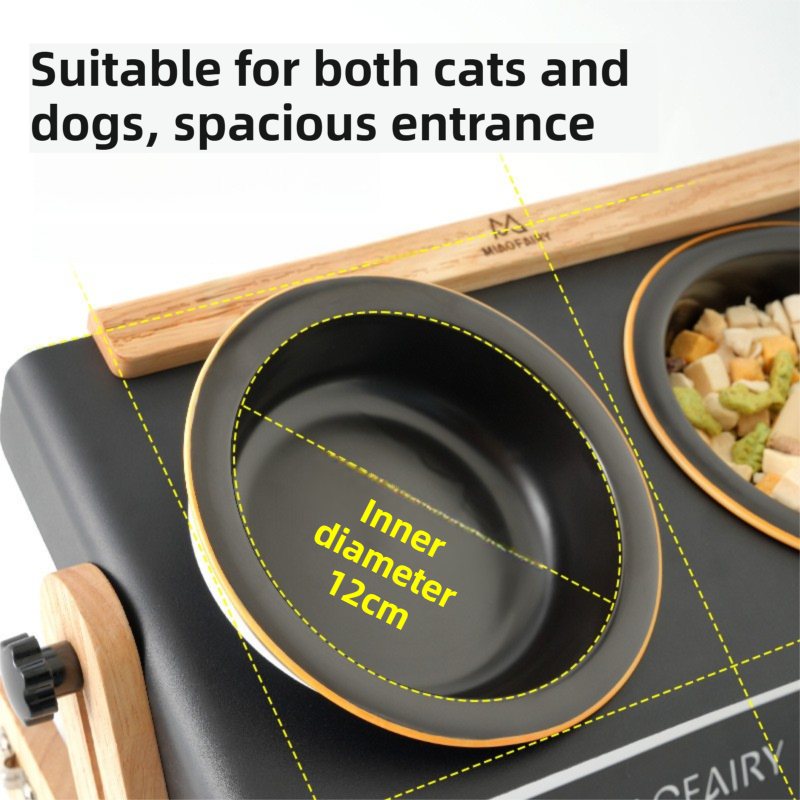 Black Elevated Adjustable (9-14CM) Double Ceramic Bowls Pet Diner - Ergonomic 270° Tilt Controlled Tip-Proof Stable Iron Base - view 2