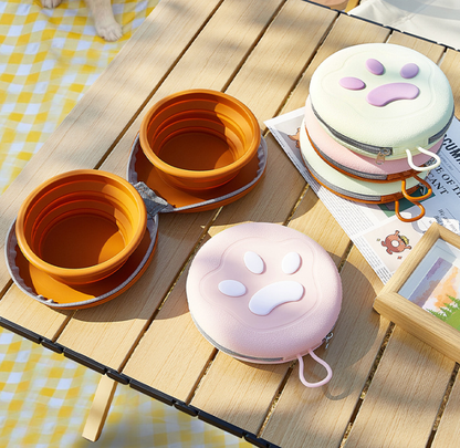 Pink Portable Collapsible Double Pet Bowls for Dogs and Cats - 2x 450ml Food Grade Silicone Travel Feeder with Zippered Paw Carrying Case - Lightweight Outdoor Water and Food Bowl Set - view 3