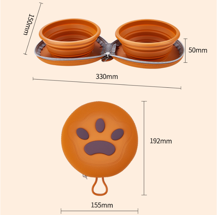 Brown-pink Portable Collapsible Double Pet Bowls for Dogs and Cats - 2x 450ml Food Grade Silicone Travel Feeder with Zippered Paw Carrying Case - Lightweight Outdoor Water and Food Bowl Set - view 2
