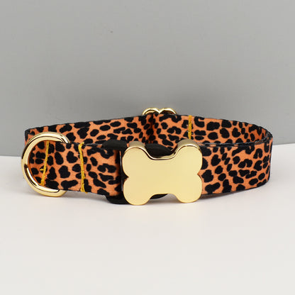 XL Leopard Print Boho Patterned Dog Collar with Gold Metal Bone Buckle Adjustable Tribal & Leopard Print Neck Strap for Puppies & Dogs