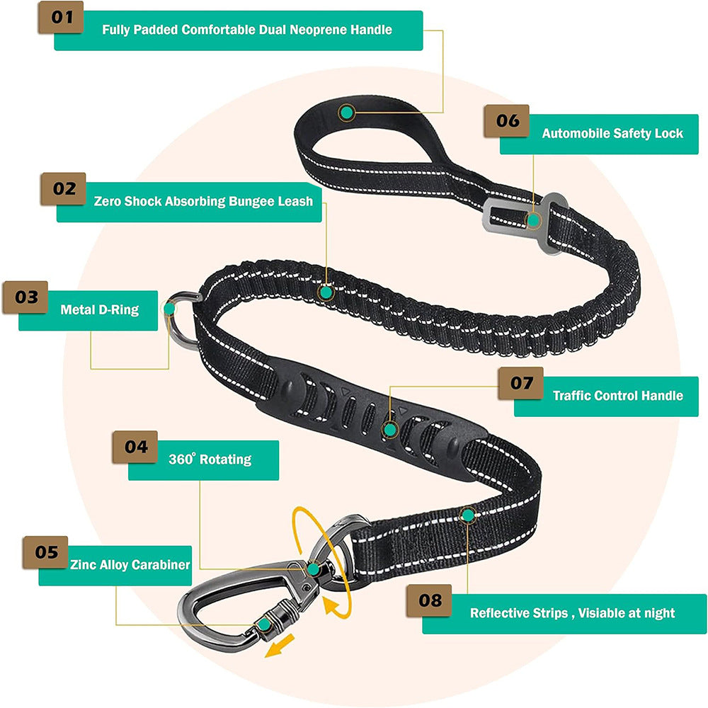 Khaki Heavy Duty Elastic Bungee Dog Leash | Anti-Pull Safety Shock Absorber | Multi-Functional Training Lead for Medium to Large Dogs - view 3