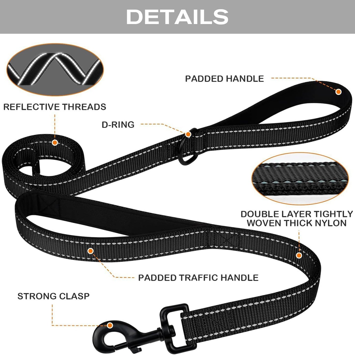 Orange 2.5 Meter Heavy Duty Reflective Dog Leash | Double Padded Traffic Handle | Anti-Chafe Tightly Woven Nylon for Large Dogs - view 2