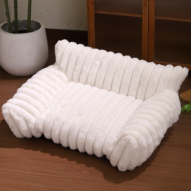 White Plush Ribbed Pet Sofa Bed for Dogs and Cats - Thickened Milk Velvet Cushion, Large Comfy Dog Sofa(50x40x20cm)