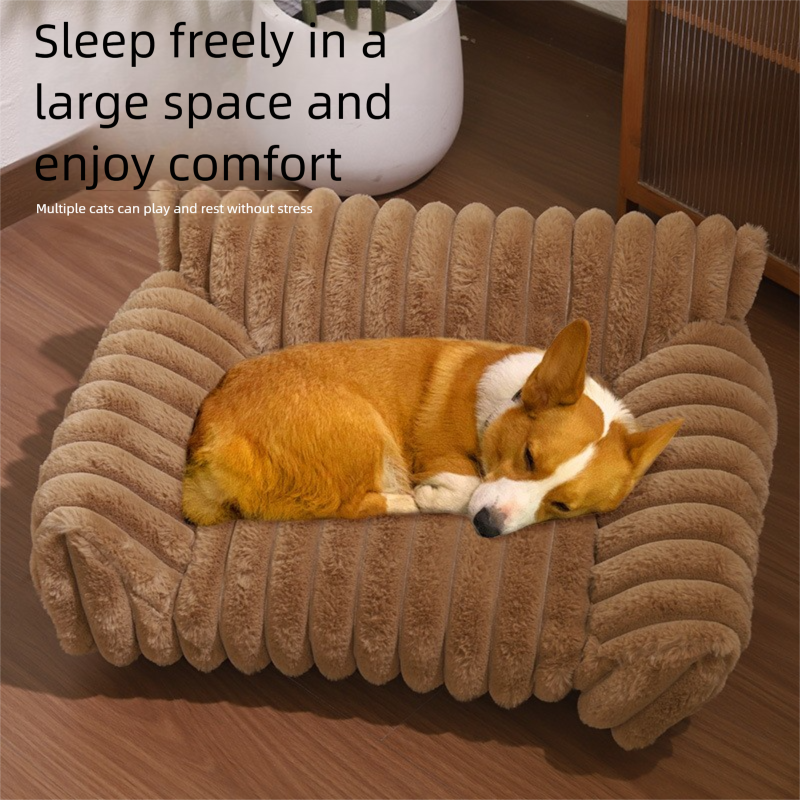 White Plush Ribbed Pet Sofa Bed for Dogs and Cats - Thickened Milk Velvet Cushion, Large Comfy Dog Sofa(50x40x20cm) - view 3