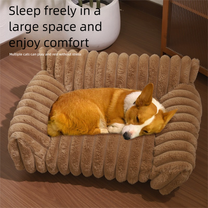White Plush Ribbed Pet Sofa Bed for Dogs and Cats - Thickened Milk Velvet Cushion, Large Comfy Dog Sofa(50x40x20cm) - view 3