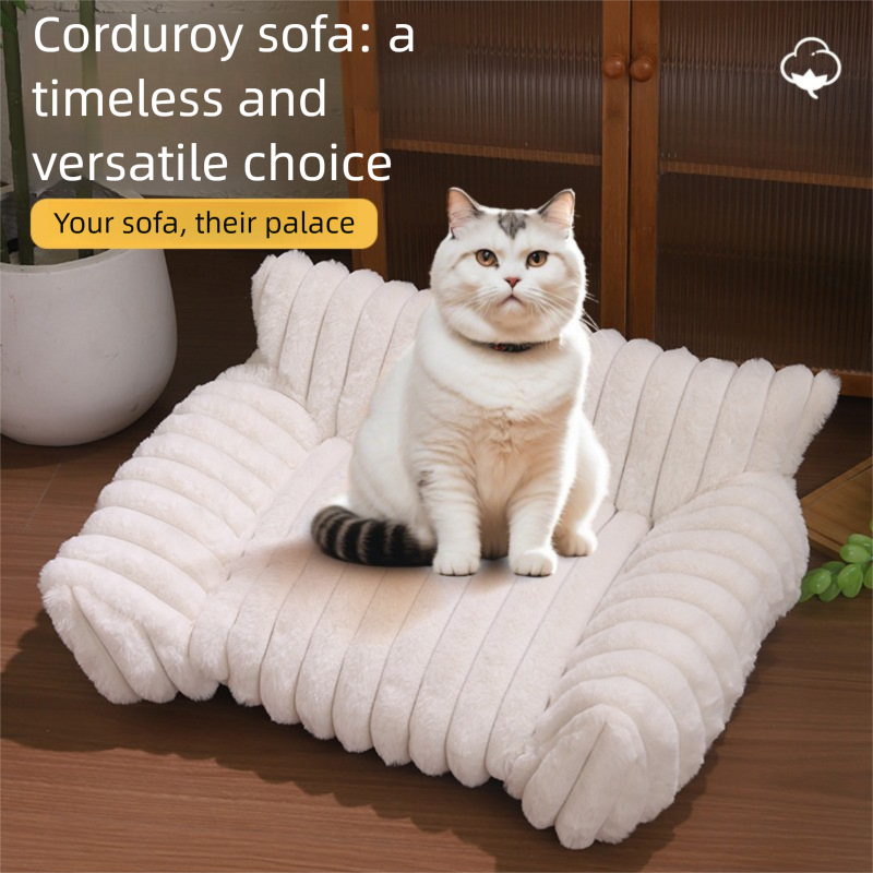 White Plush Ribbed Pet Sofa Bed for Dogs and Cats - Thickened Milk Velvet Cushion, Large Comfy Dog Sofa(50x40x20cm) - view 5