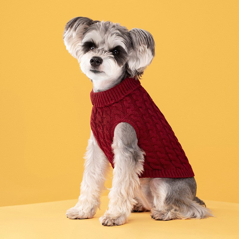 Red Fall & Winter Pet Knit Sweater – Solid Color Cable Knit Turtleneck for Small Dogs, Soft Breathable Warm Clothing with 3D Fit Design, Ideal for Teddy, Poodle, and Bichon(Size: L)