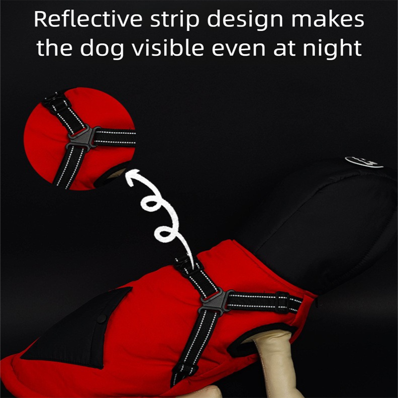 Red Thickened Winter Dog Coat with Reflective Strips – Waterproof, Windproof Pet Jacket for Small to Medium Dogs, Adjustable Fit with Detachable Leash Hook and Decorative Velcro Patch(Size: S) - view 4