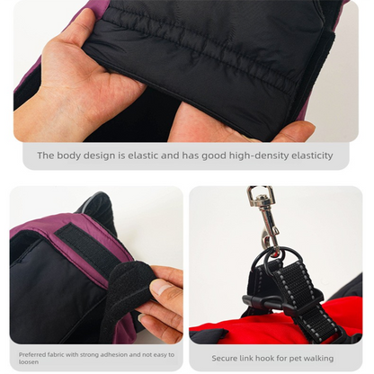 Red Thickened Winter Dog Coat with Reflective Strips – Waterproof, Windproof Pet Jacket for Small to Medium Dogs, Adjustable Fit with Detachable Leash Hook and Decorative Velcro Patch(Size: S) - view 7