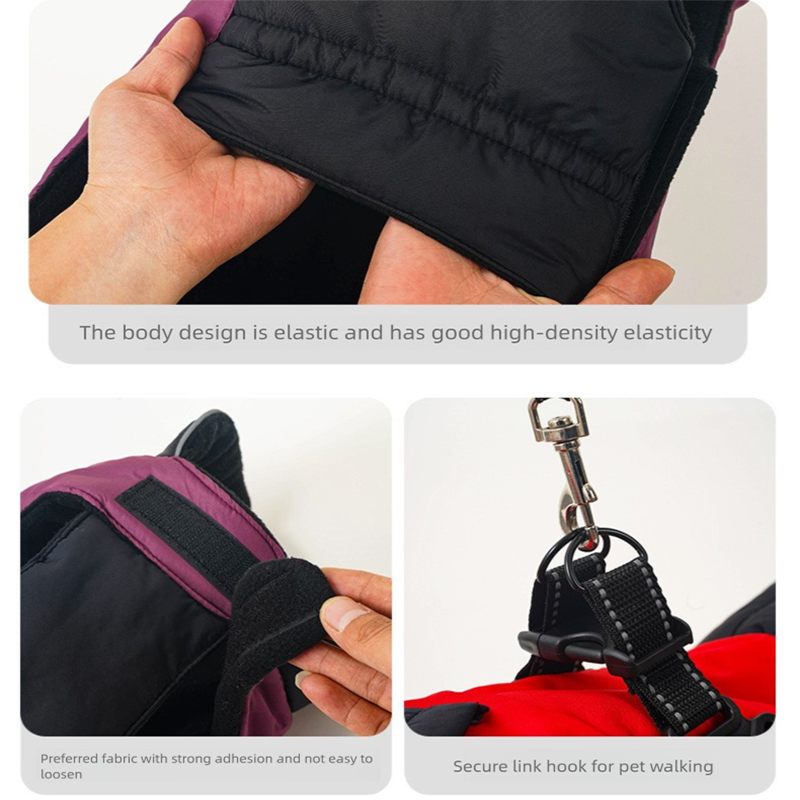 Red Thickened Winter Dog Coat with Reflective Strips – Waterproof, Windproof Pet Jacket for Small to Medium Dogs, Adjustable Fit with Detachable Leash Hook and Decorative Velcro Patch(Size: L) - view 7